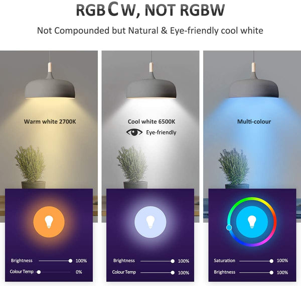 3 Pack 9W Alexa RGBCW 2700-6500K WiFi Smart Light Bulbs