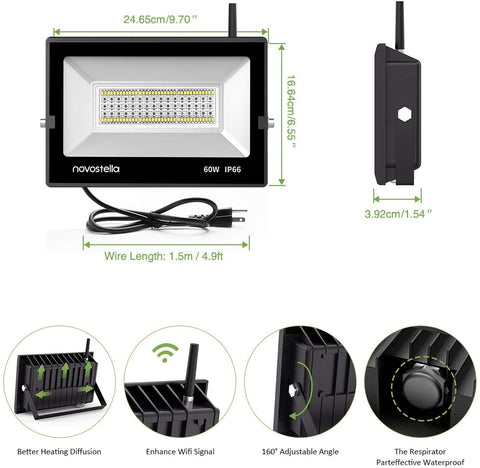 2 Pack 60W RGBW 5000K 6000LM WiFi Smart LED Flood Lights, IP66 Waterproof Outdoor Light